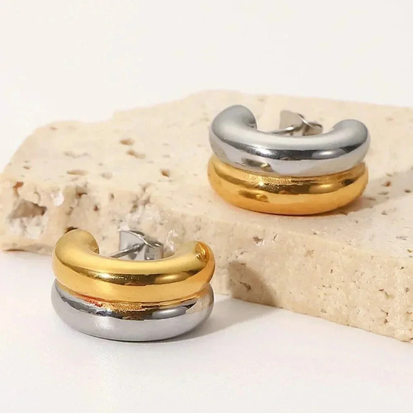 Gold Preppy Women's Two-Tone Plated 18K Hoop Earrings - Picture 3 of 7